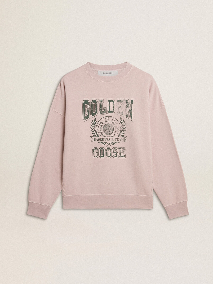 oudroze unisex sweatshirt met ronde hals en groene logo-opdruk.