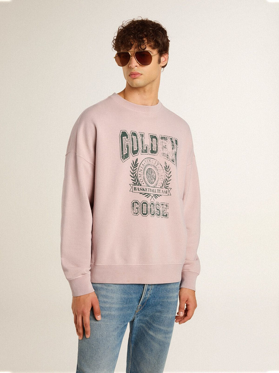 oudroze unisex sweatshirt met ronde hals en groene logo-opdruk.