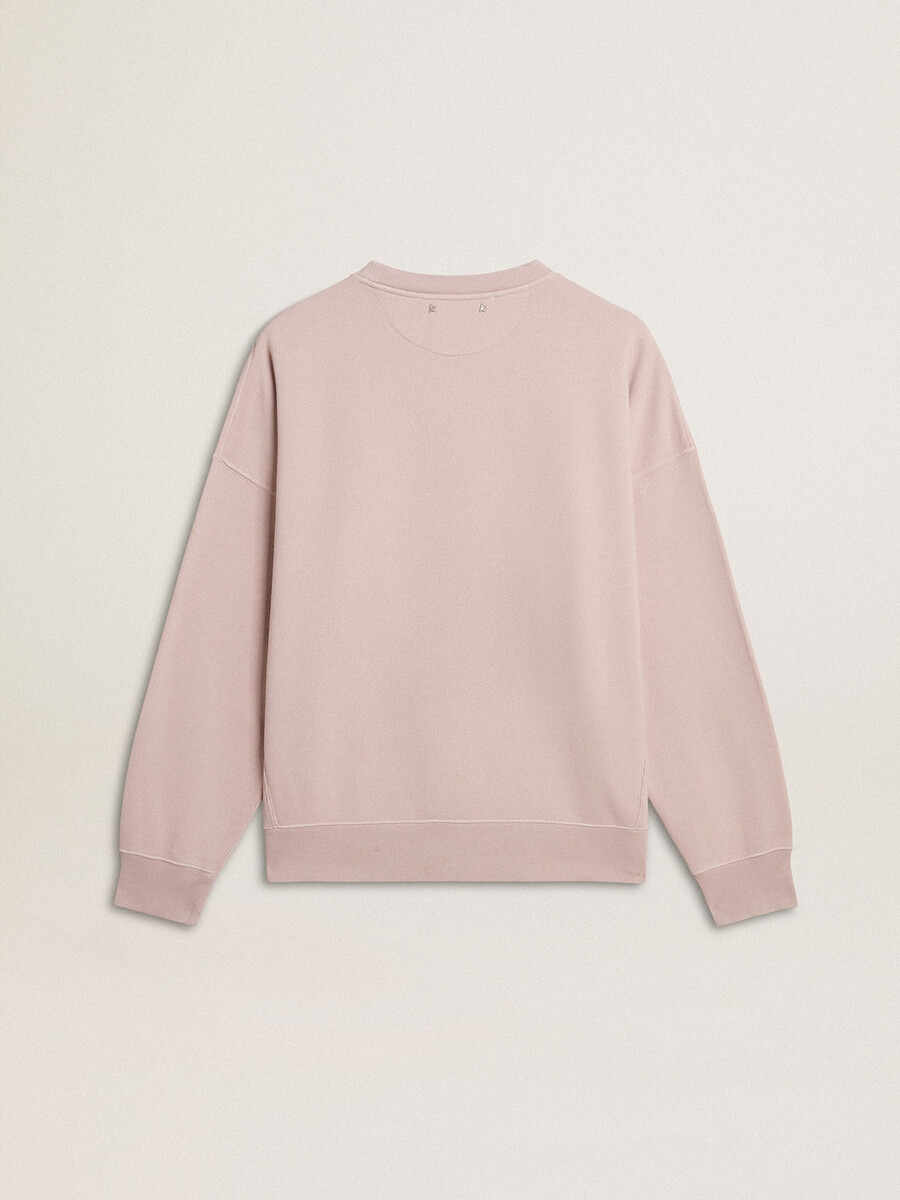 oudroze unisex sweatshirt met ronde hals en groene logo-opdruk.
