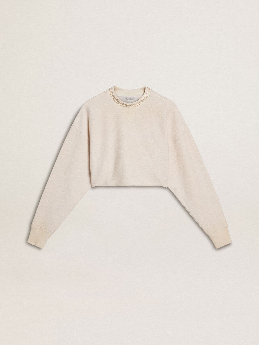 crème katoenen cropped sweatshirt voor dames met kristallen op de voorkant