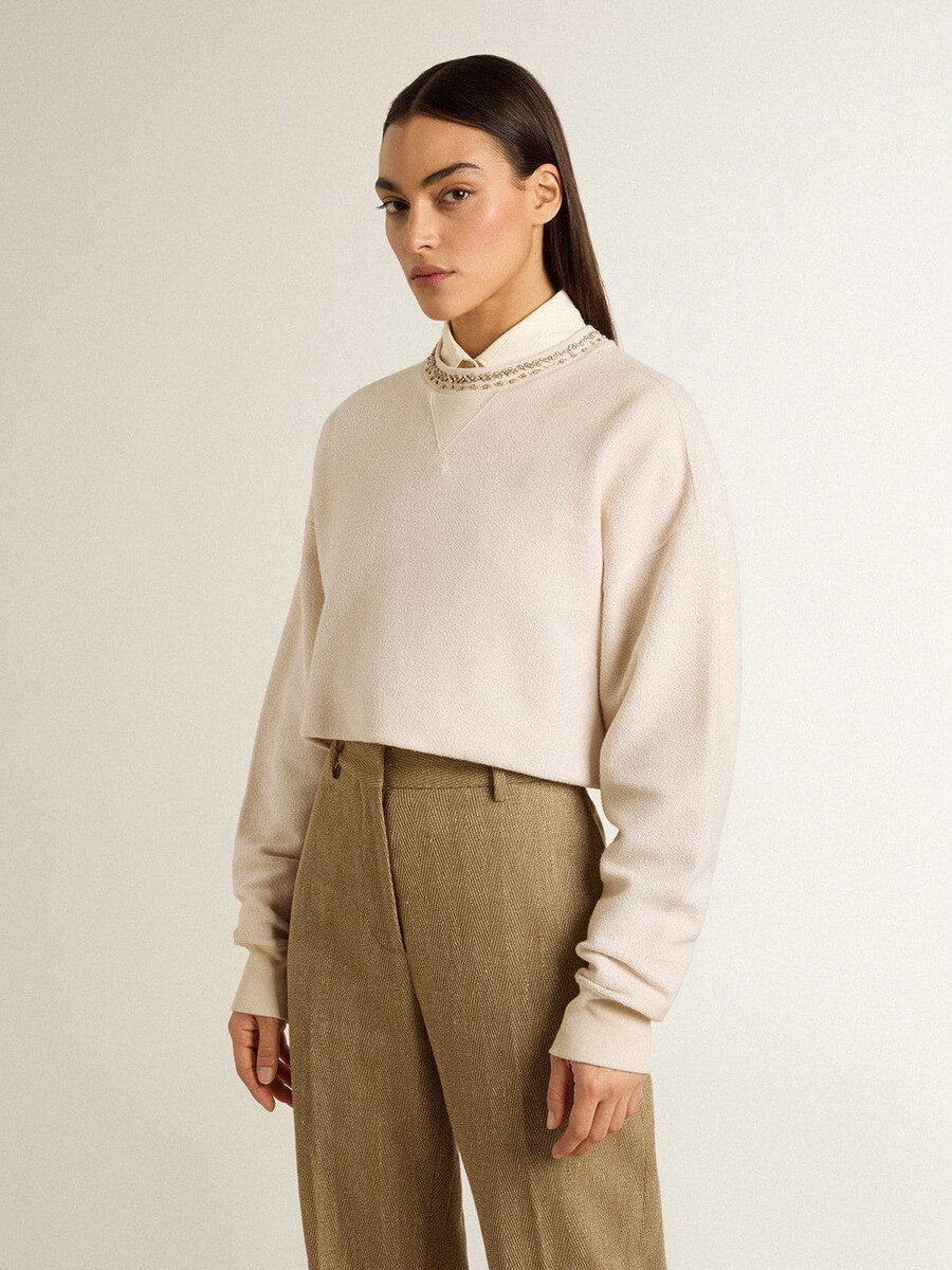 crème katoenen cropped sweatshirt voor dames met kristallen op de voorkant