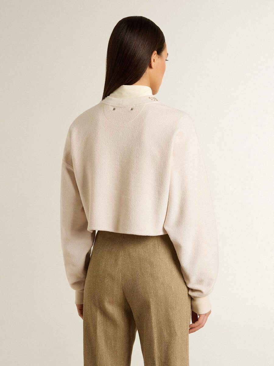 crème katoenen cropped sweatshirt voor dames met kristallen op de voorkant