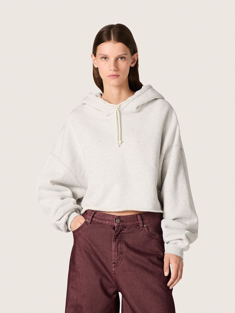 star cropped hoodie voor dames in grijs gemêleerd katoen