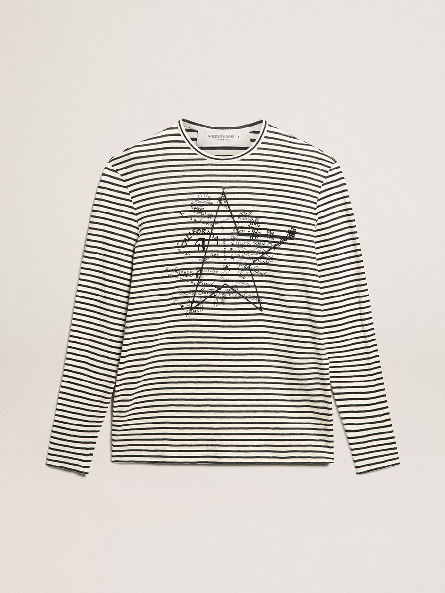 heren t-shirt met witte en blauwe strepen en borduurwerk op de voorkant.