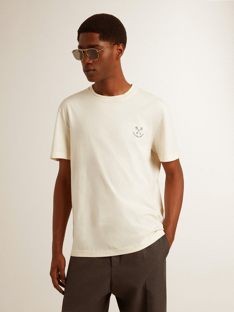 heren t-shirt van katoen in verouderd wit met print op het hart.