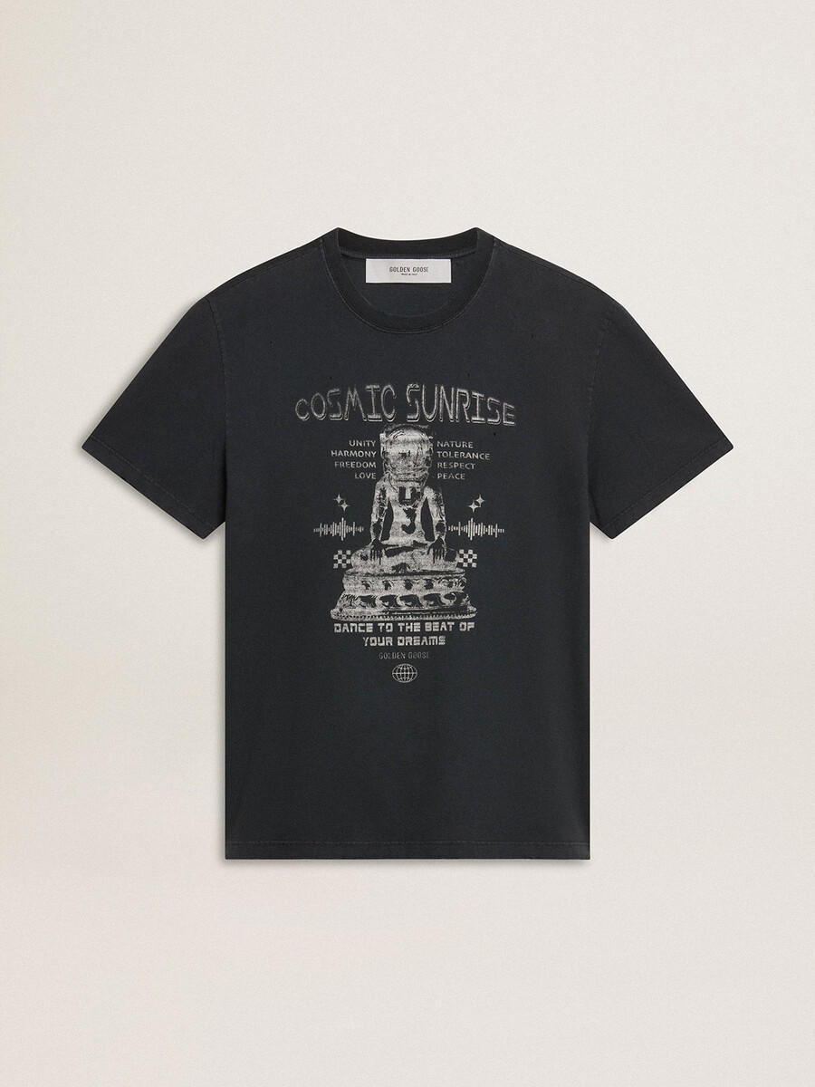 versleten zwart katoenen t-shirt voor heren met print op de voorkant