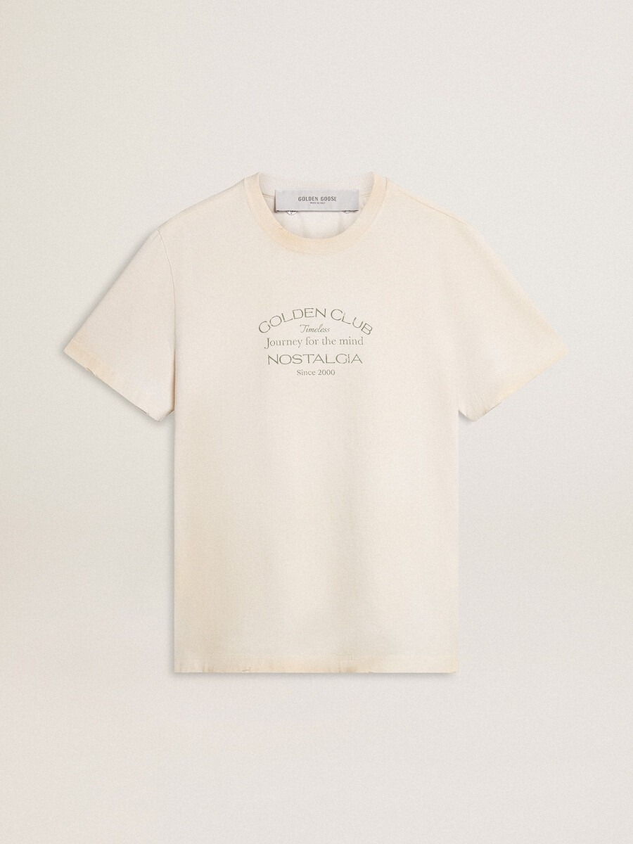 wit t-shirt voor heren met vintage-look en print op de voorkant.