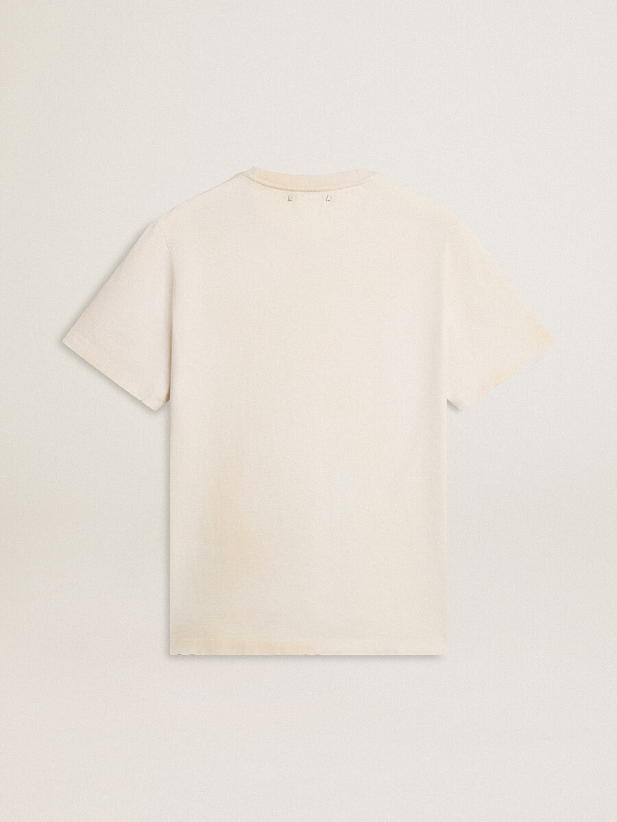 wit t-shirt voor heren met vintage-look en print op de voorkant.