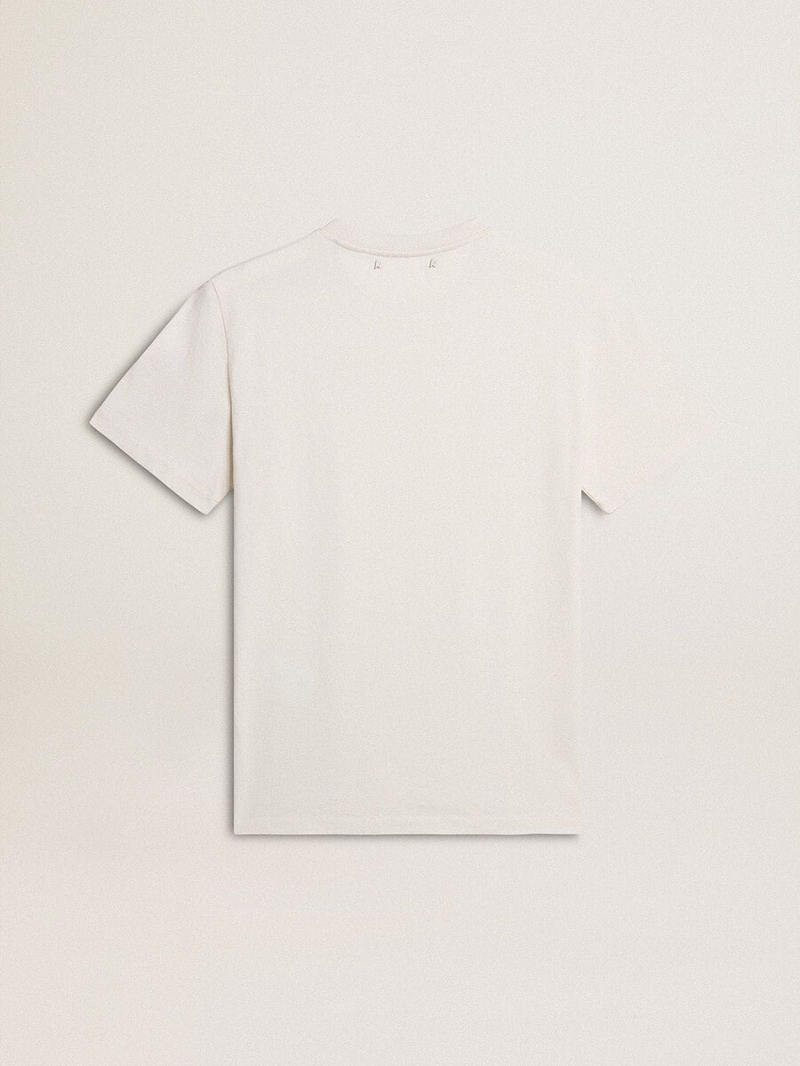 versleten wit katoenen t-shirt voor heren met zwarte letters.