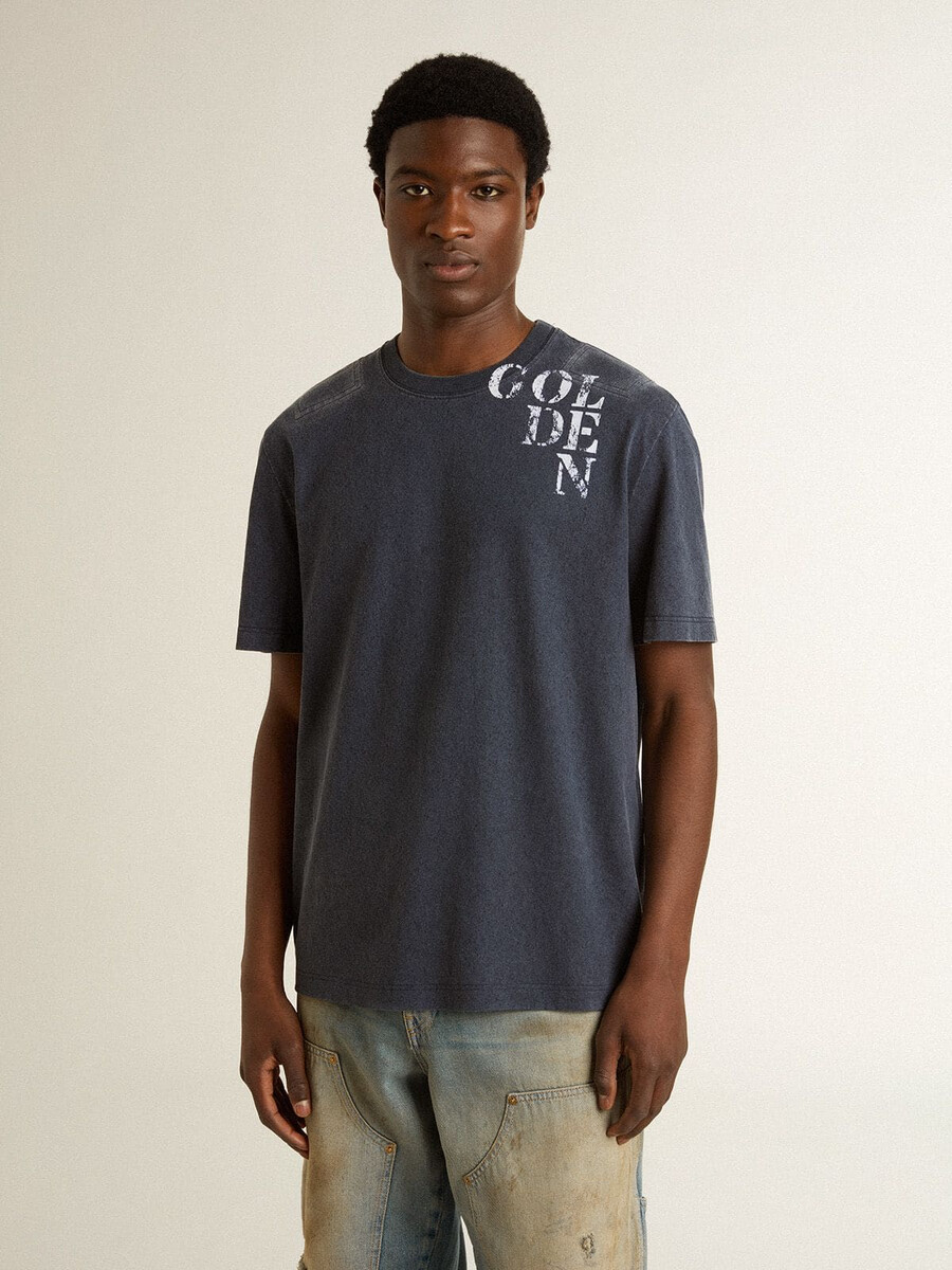 blauw heren t-shirt met witte opdruk