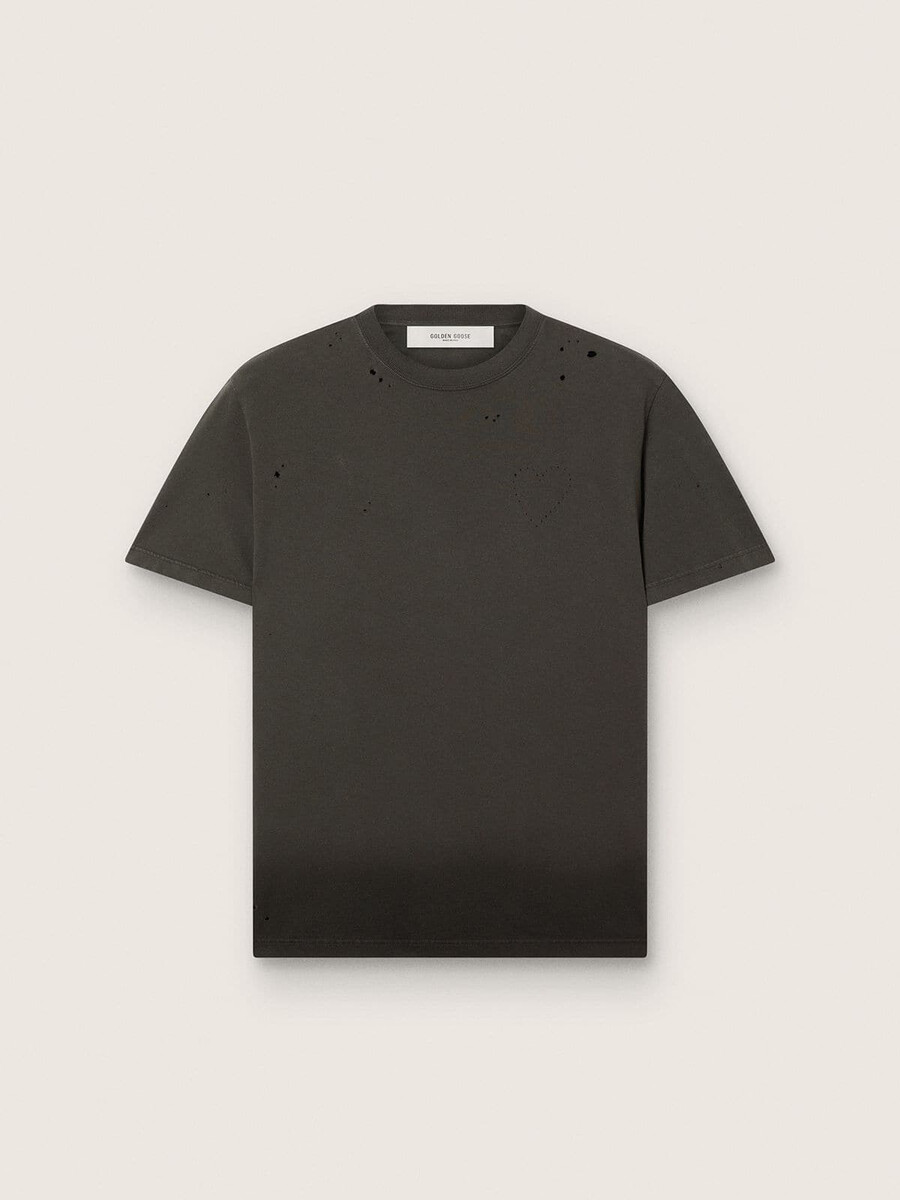 heren t-shirt van antracietkleurige katoenen jersey met geperforeerd hart.