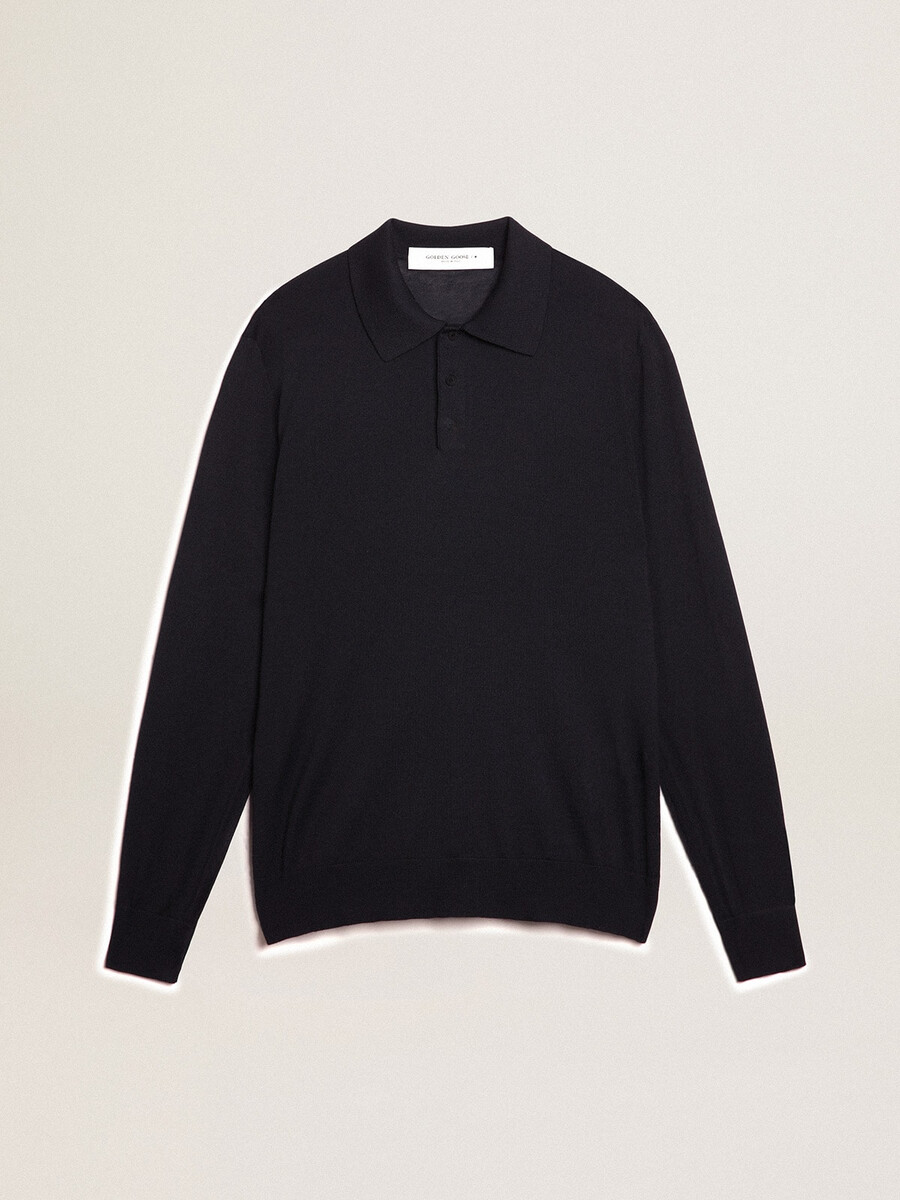 polo shirt met lange mouwen voor heren gemaakt van marineblauwe merinowol.