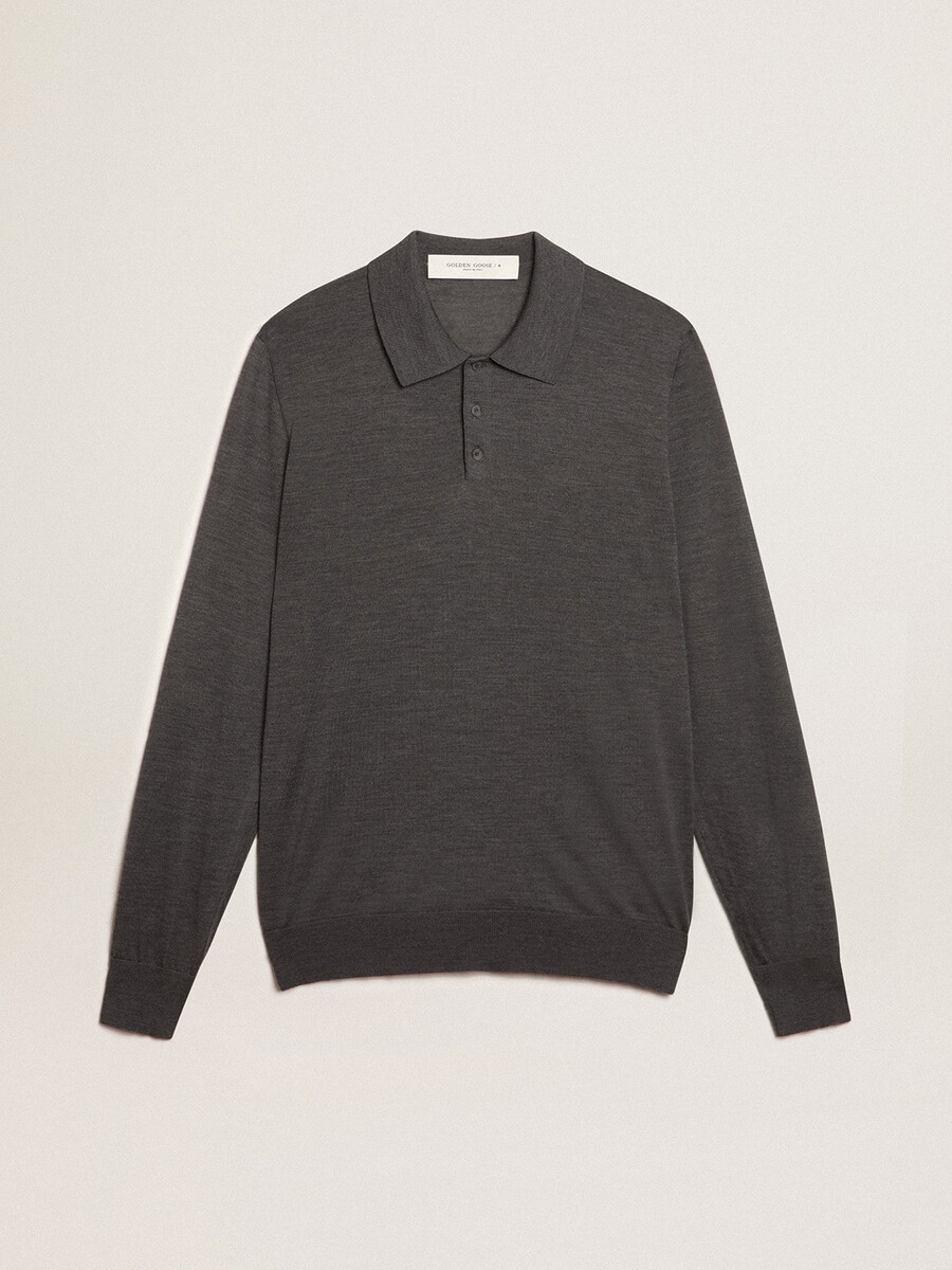 polo shirt met lange mouwen voor heren gemaakt van grijze merinowol.