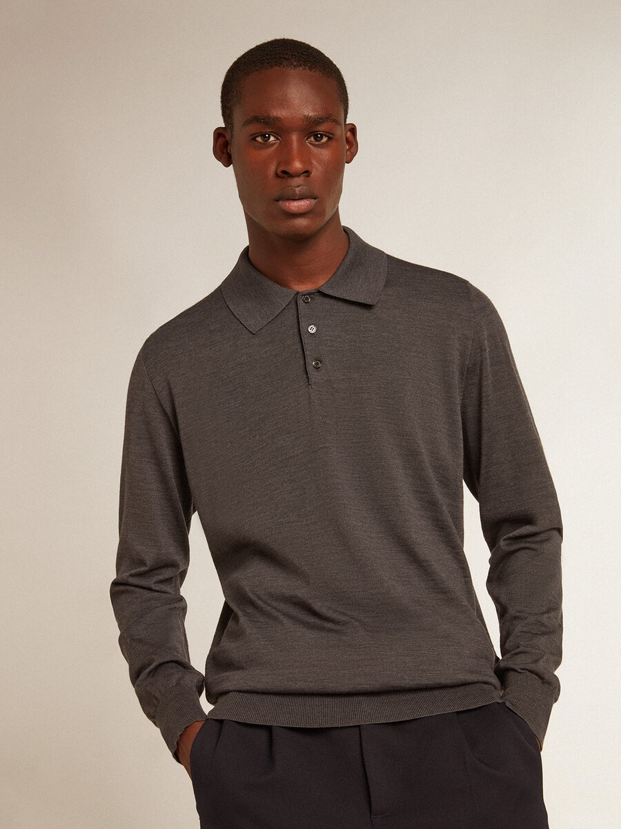 polo shirt met lange mouwen voor heren gemaakt van grijze merinowol.