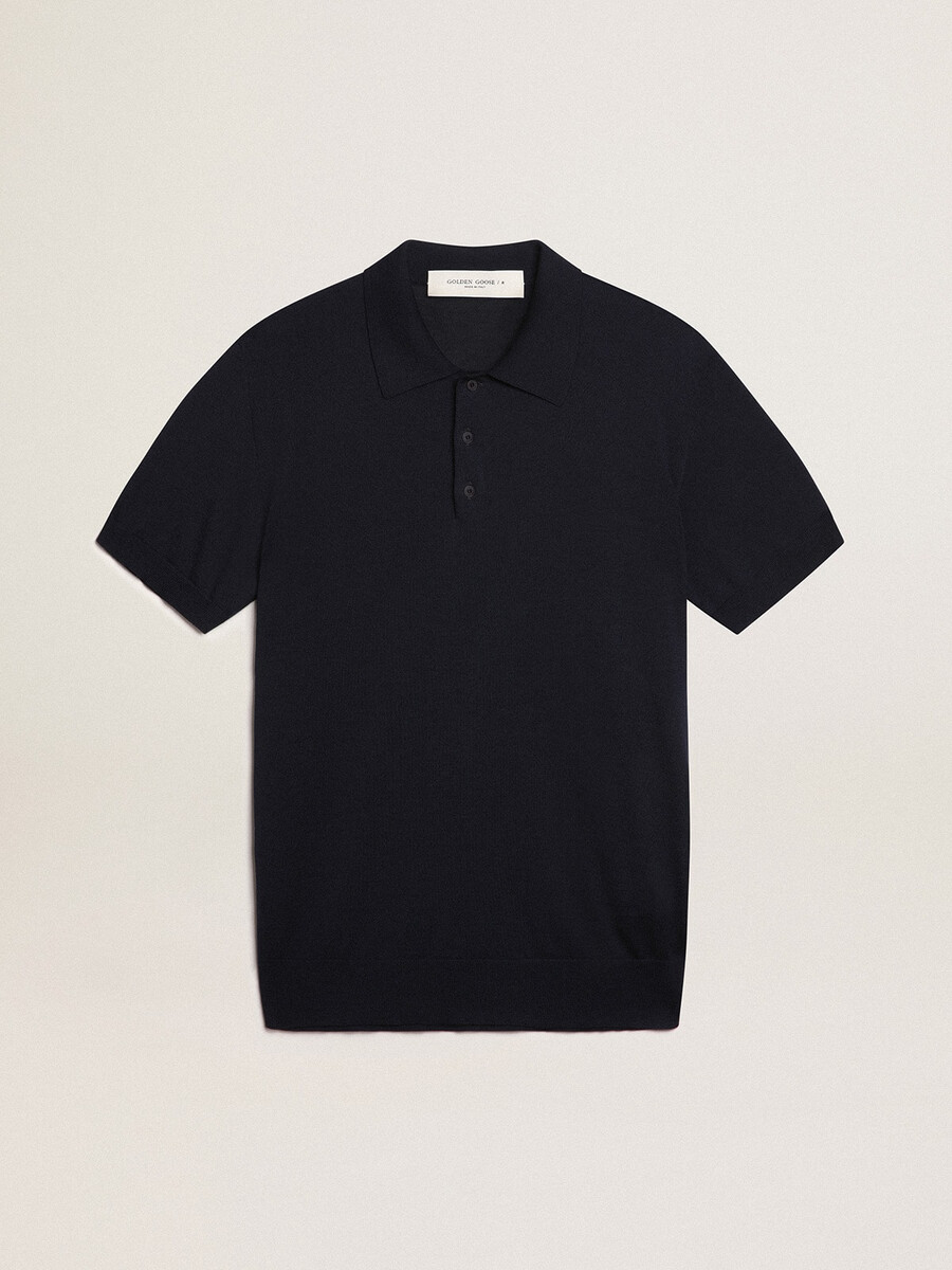 polo shirt met korte mouwen voor heren gemaakt van marineblauwe merinowol.