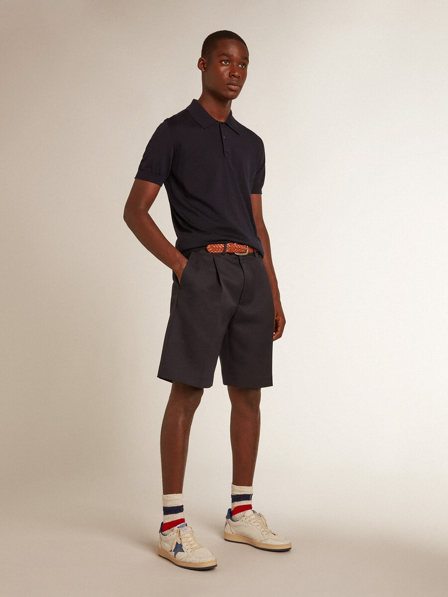 polo shirt met korte mouwen voor heren gemaakt van marineblauwe merinowol.