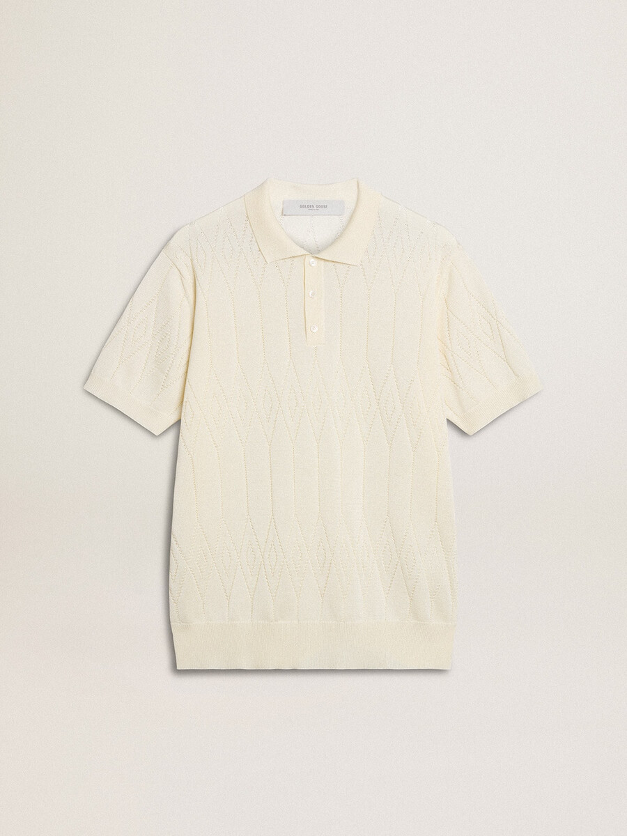 wit jacquard gebreid poloshirt voor heren