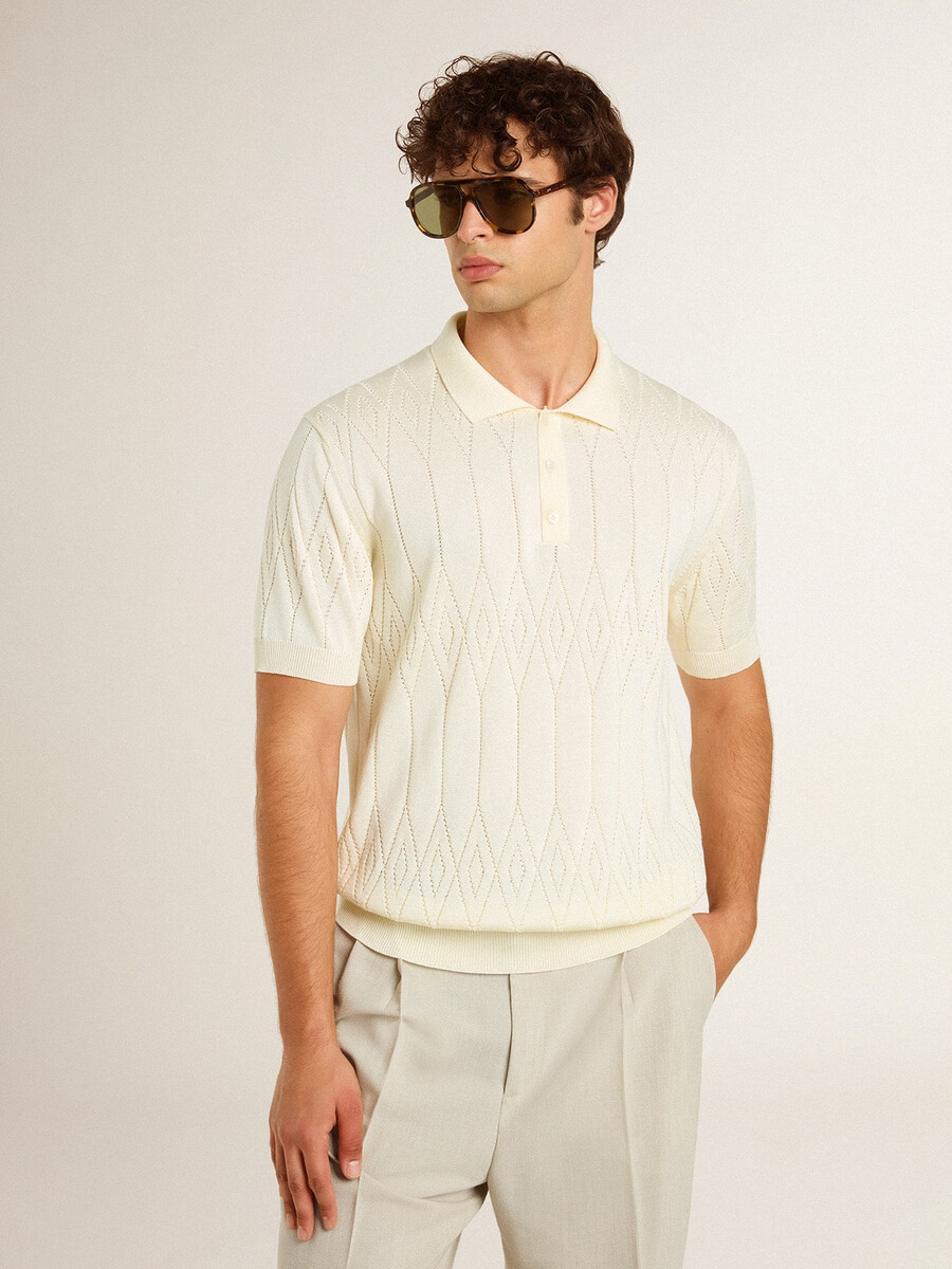 wit jacquard gebreid poloshirt voor heren
