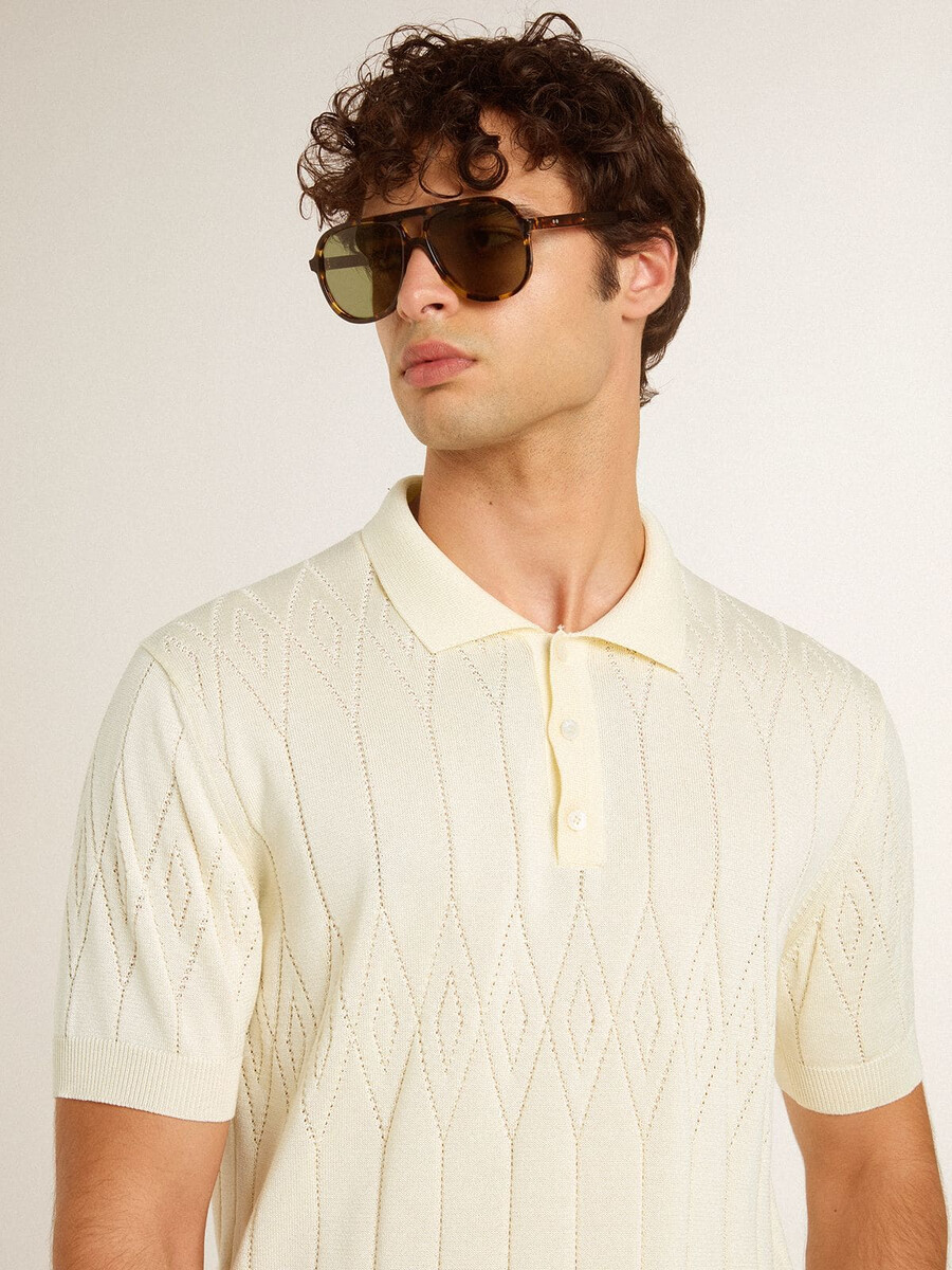 wit jacquard gebreid poloshirt voor heren