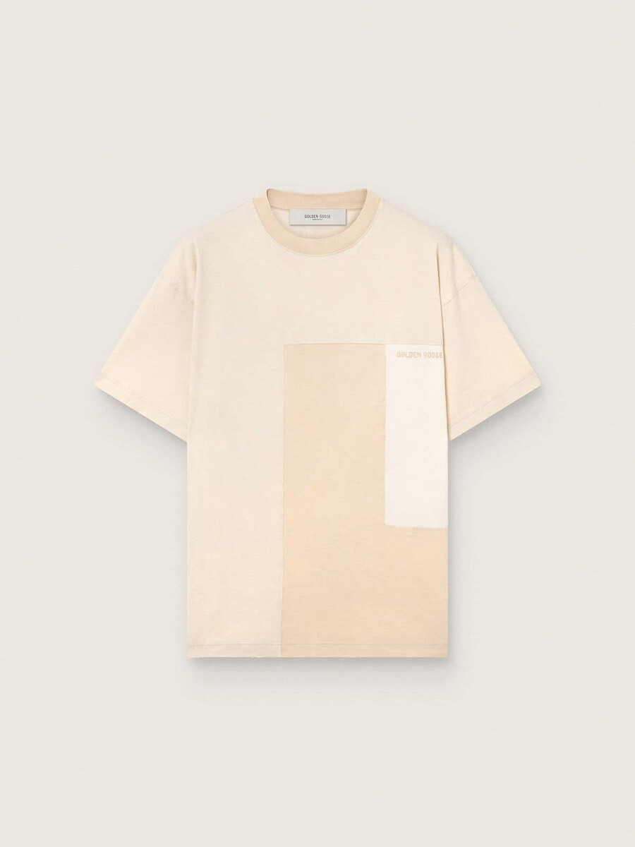 heren t-shirt van katoenen jersey met een wit en beige patchwork-effect.