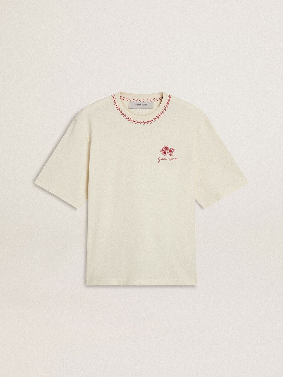 gebraven witte mouwloze t-shirt met rode borduursels geschikt voor chinees nieuwjaar.