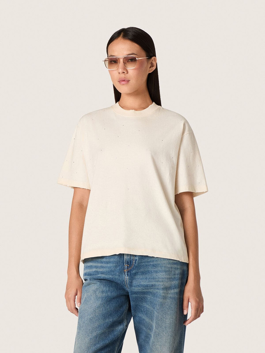 unisex t-shirt met sterrenmotief in wit katoen met een all-over kristalprint en een print op de achterkant.