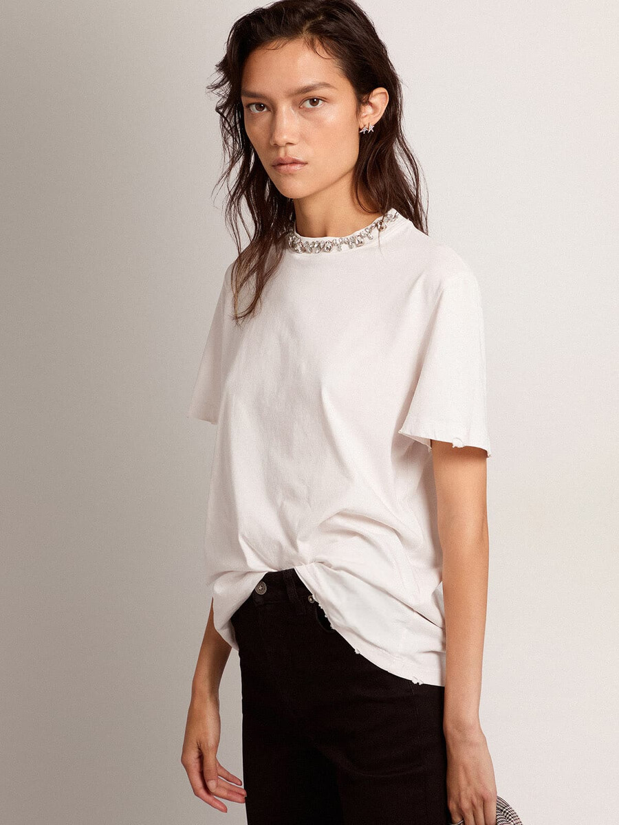 wit dames-t-shirt met cabochonkristallen