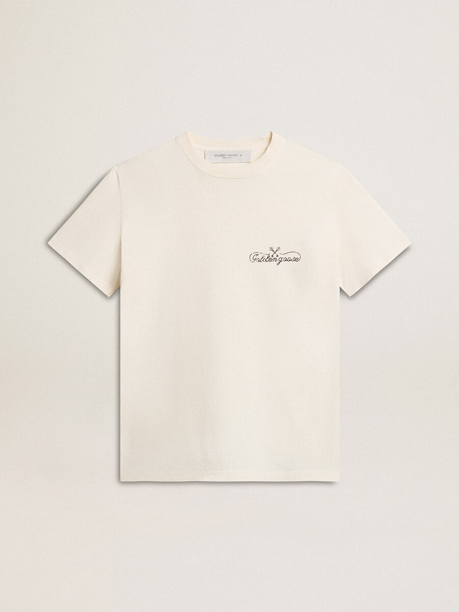 dames t-shirt in verouderd wit met logo op de borst
