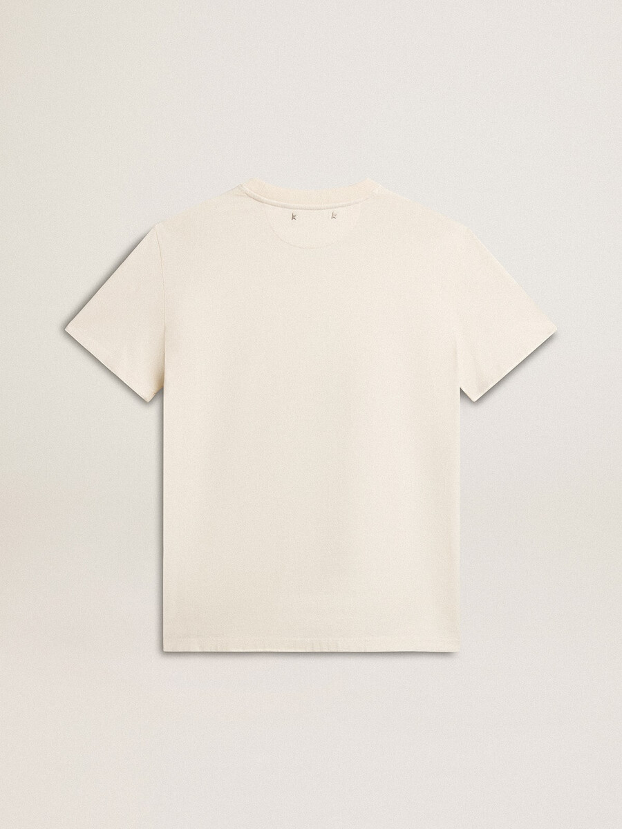 dames t-shirt in verouderd wit met logo op de borst