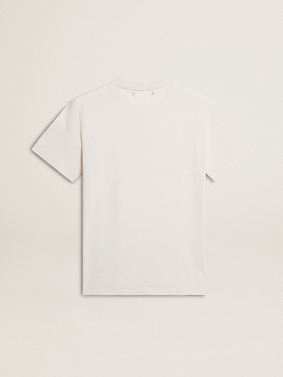 dames t-shirt van versleten wit katoen met zwarte letters