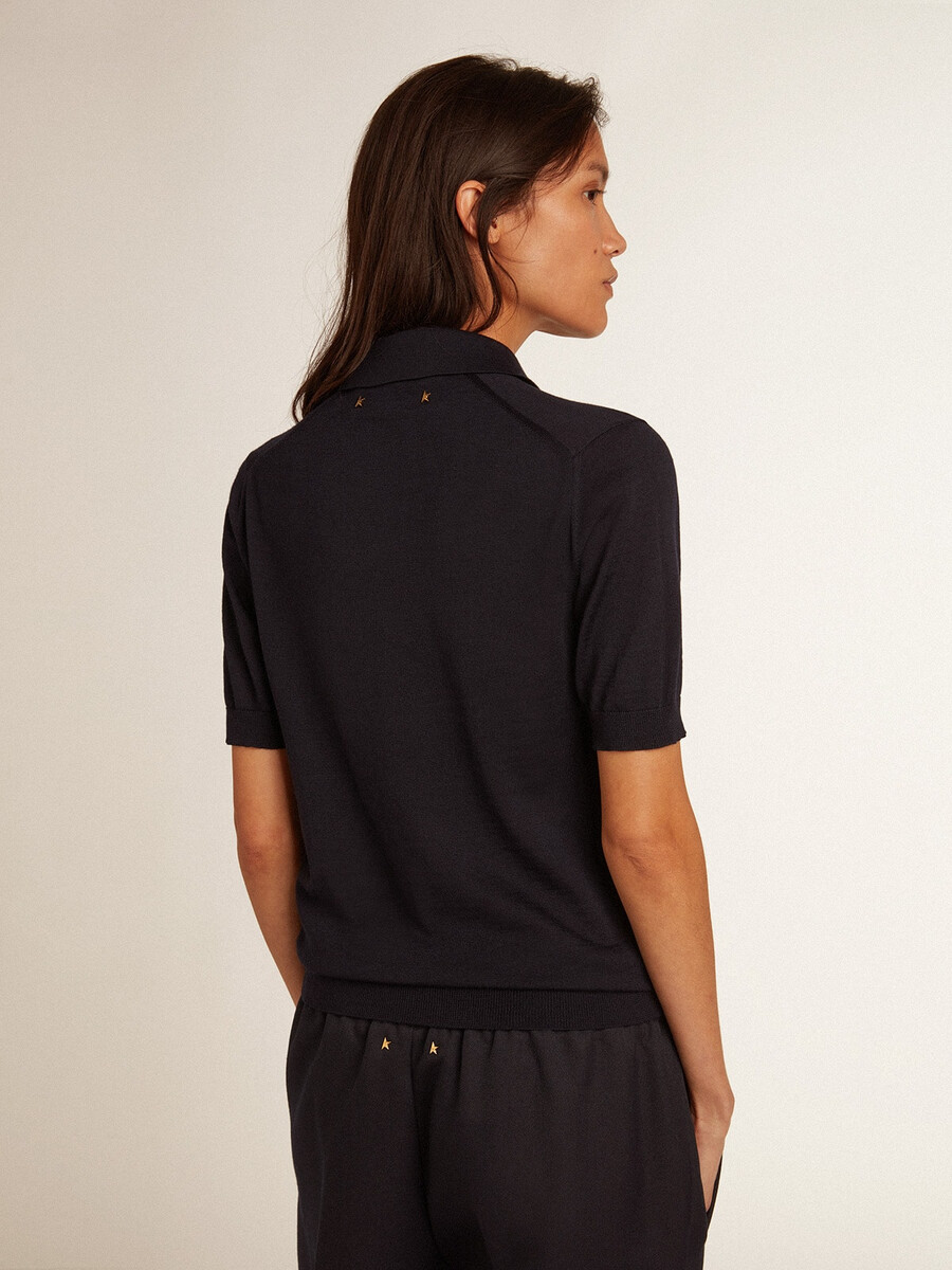 damespoloshirt van marineblauwe merinowol