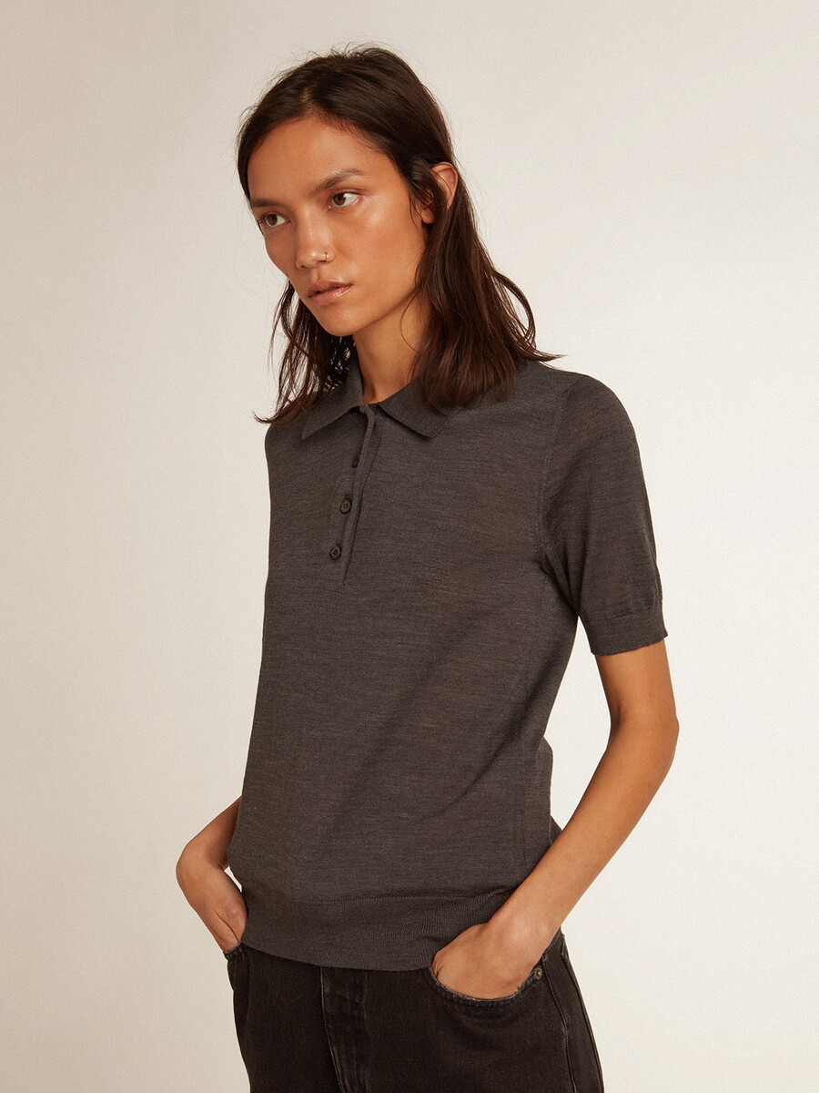 damespoloshirt van antracietkleurige merinowol