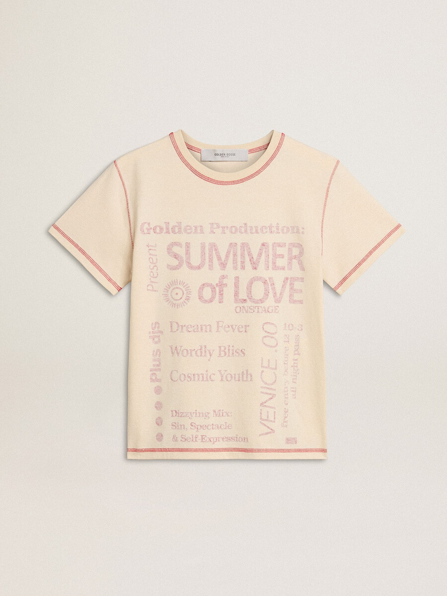 crèmekleurig dames-t-shirt met vervaagde rode accenten