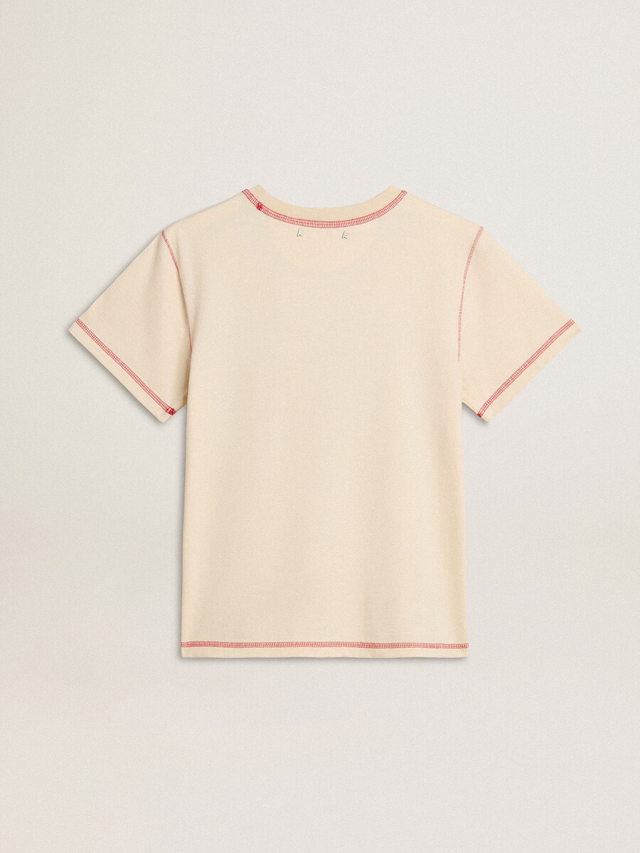 crèmekleurig dames-t-shirt met vervaagde rode accenten