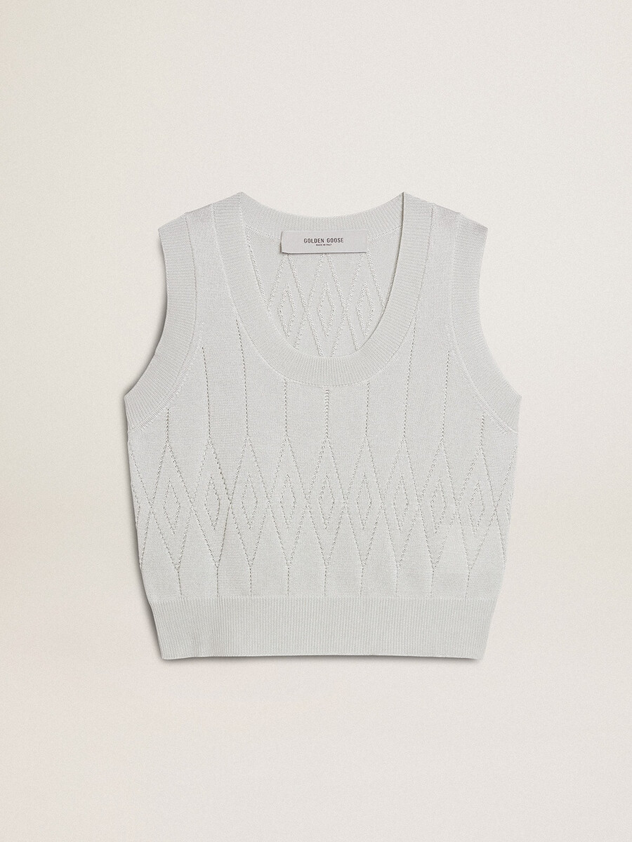 mouwloze tanktop voor dames in lichtblauwe gebreide stof.