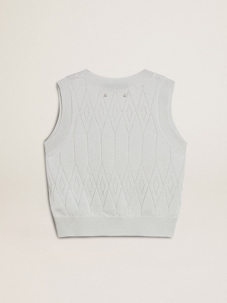 mouwloze tanktop voor dames in lichtblauwe gebreide stof.