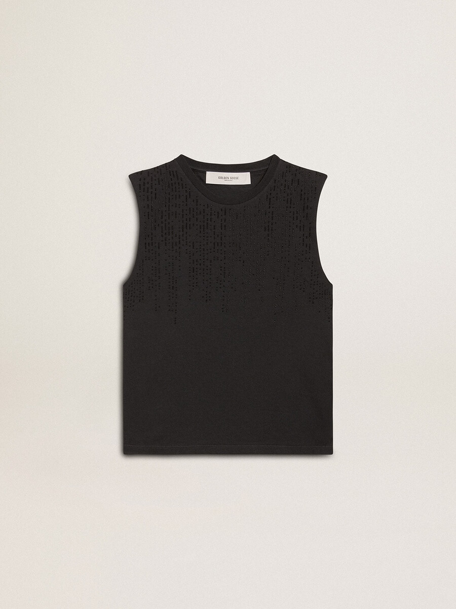 mouwloos t-shirt in versleten zwart met ton-sur-ton kleurverloopborduurwerk.