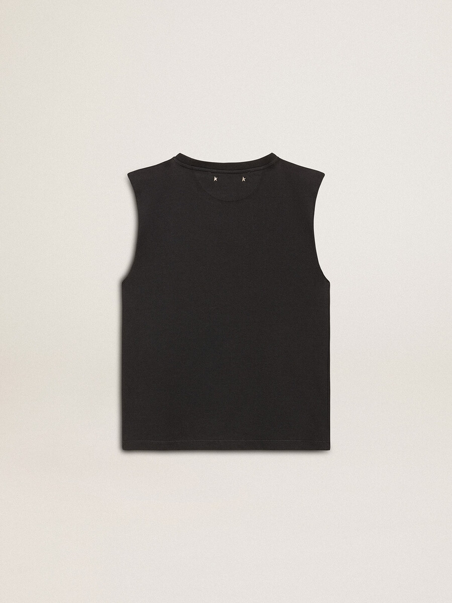 mouwloos t-shirt in versleten zwart met ton-sur-ton kleurverloopborduurwerk.