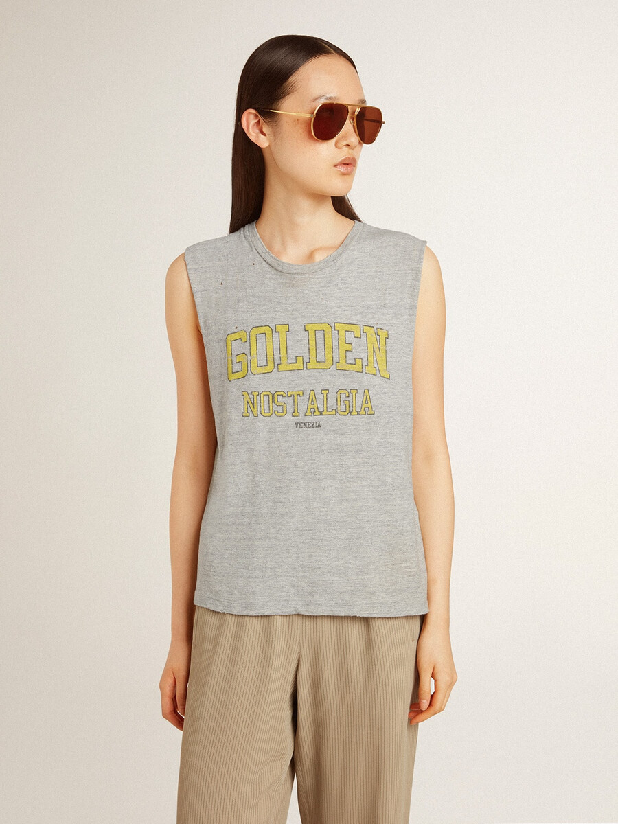 grijze mouwloze dames-t-shirt met gele print