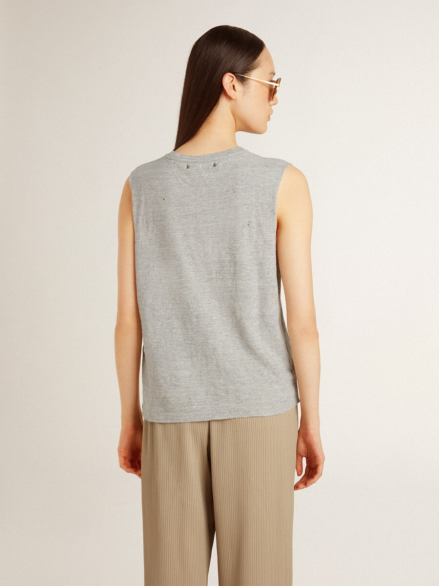 grijze mouwloze dames-t-shirt met gele print