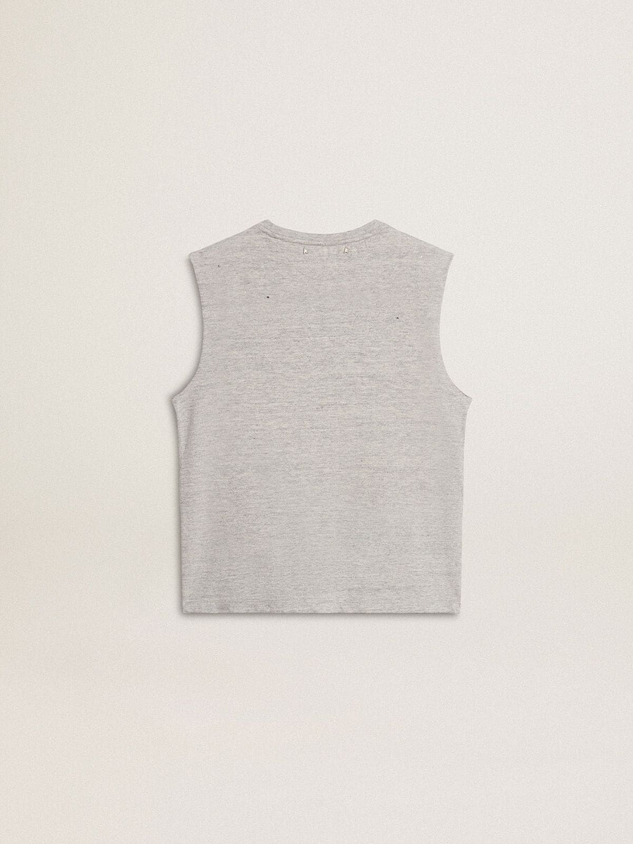 grijze mouwloze dames-t-shirt met gele print