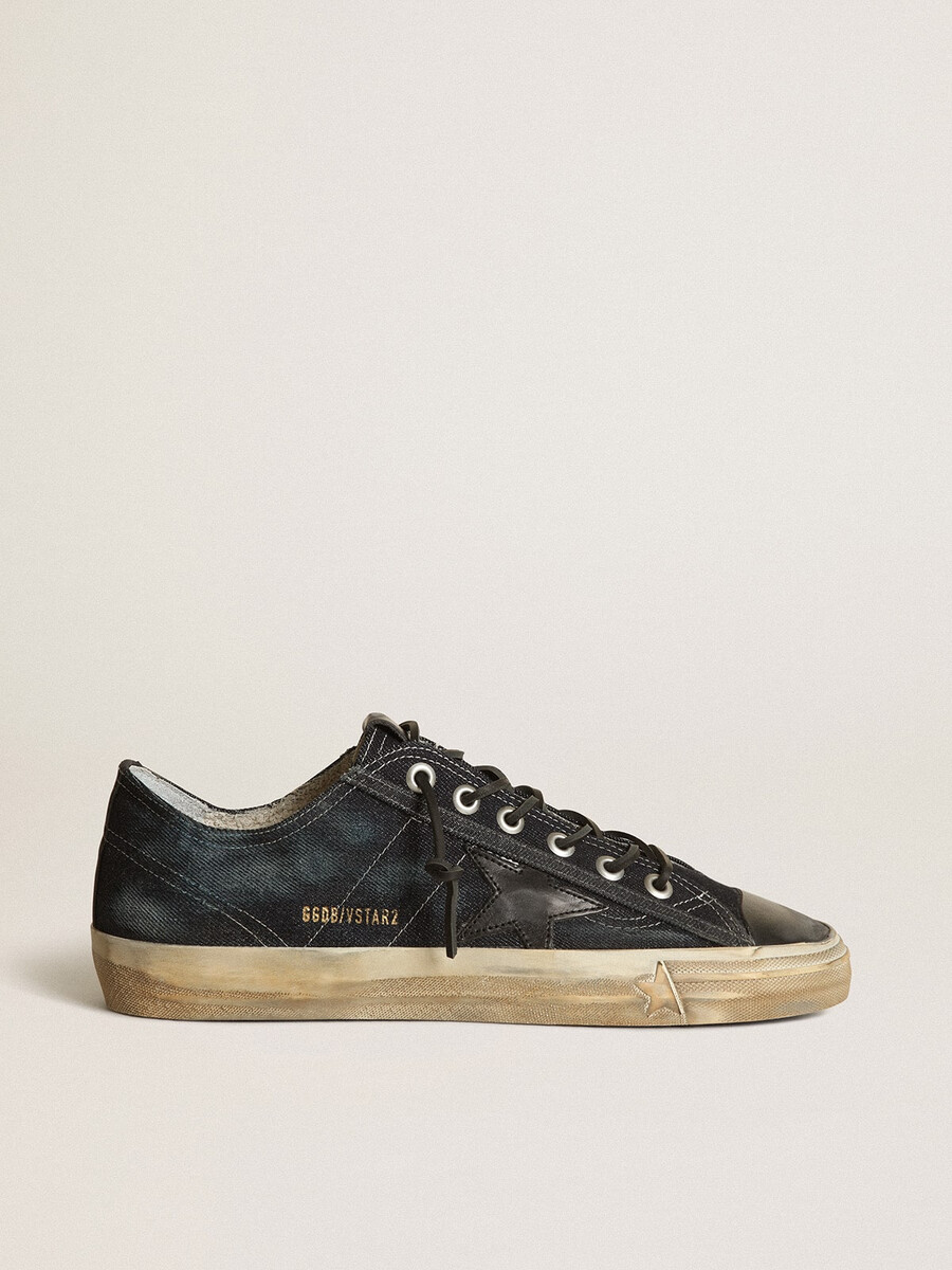 v-star sneakers in middernachtblauw denim met zwarte leren ster en neus