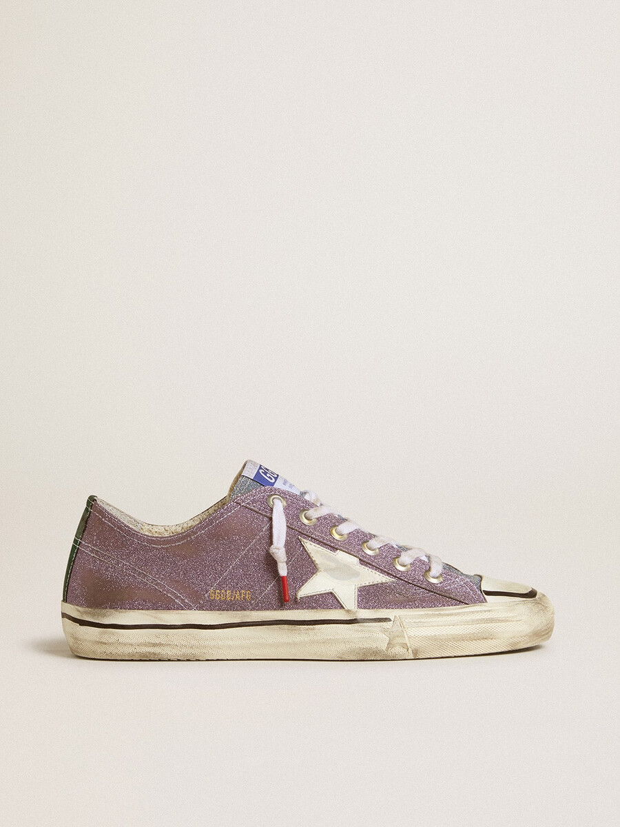 heren v-star lab in lila leer en glitter met witte ster en zilveren glittertong.