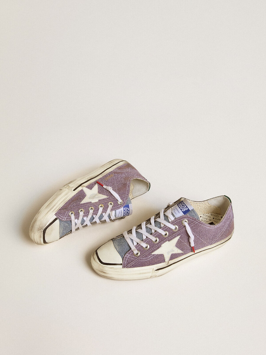 heren v-star lab in lila leer en glitter met witte ster en zilveren glittertong.