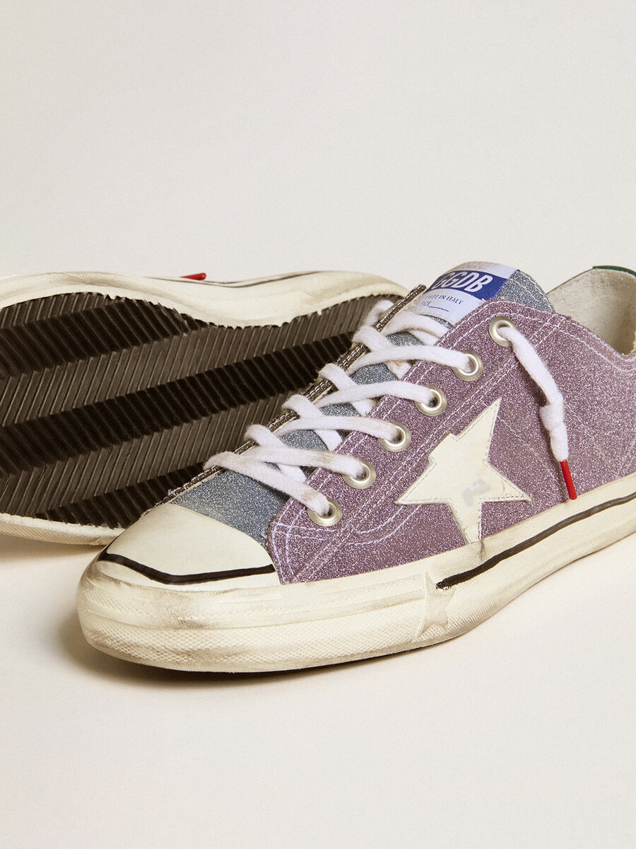 heren v-star lab in lila leer en glitter met witte ster en zilveren glittertong.