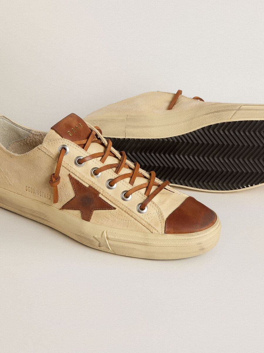 heren v-star in crèmekleurig canvas met tabakskleurige leren ster