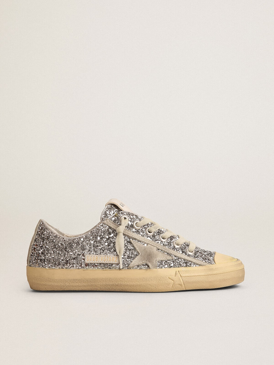 dames v-star in zilverkleurige glitter met ijsgrijze suède ster