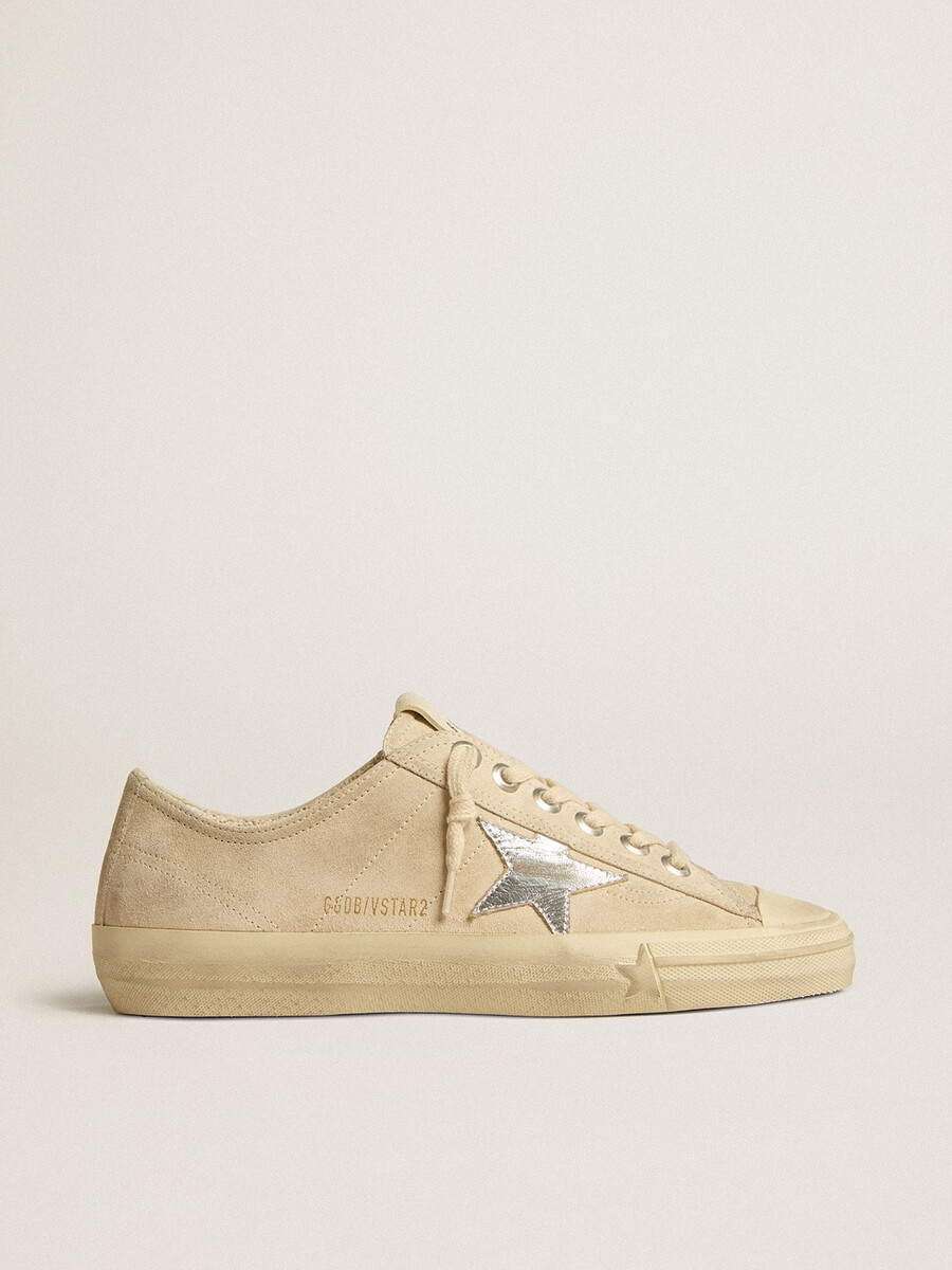 dames v-star in parelmoer suède met zilverkleurige metallic leren ster