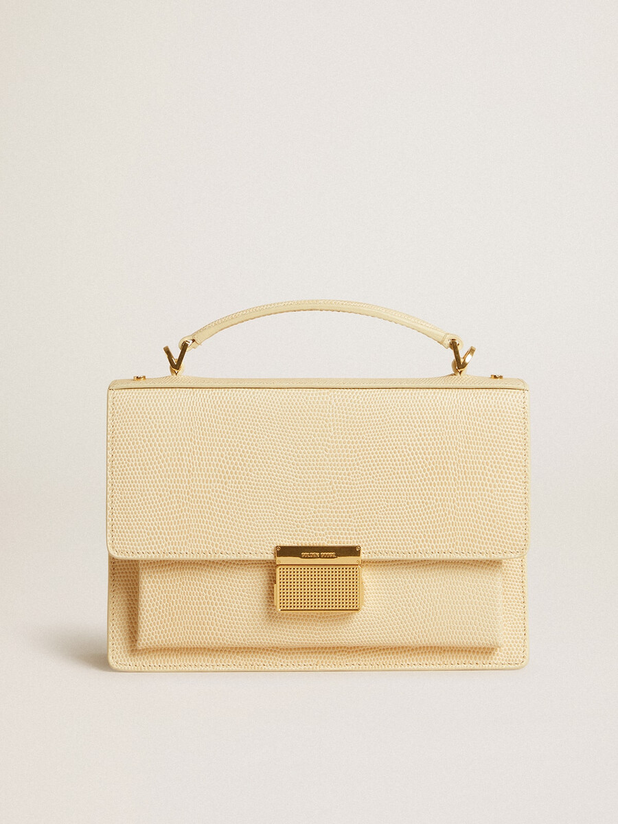 venezia-tas in beige leer met pythonprint en gouden details.