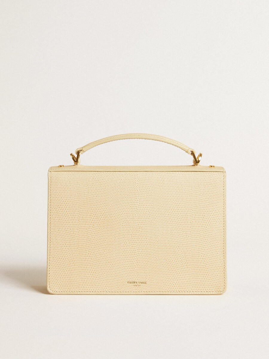 venezia-tas in beige leer met pythonprint en gouden details.